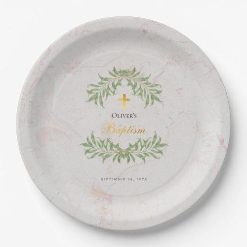 Baptism Marble Foliage Greenery Faux Gold Script  Paper Plates