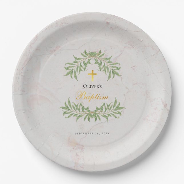 Baptism Marble Foliage Greenery Faux Gold Script  Paper Plates (Front)