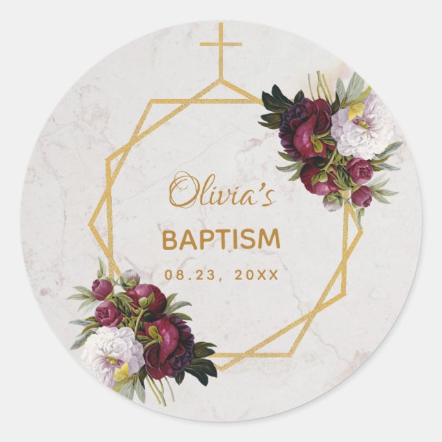 Baptism Marble Gold Peonies Butterfly Geometric Classic Round Sticker (Front)
