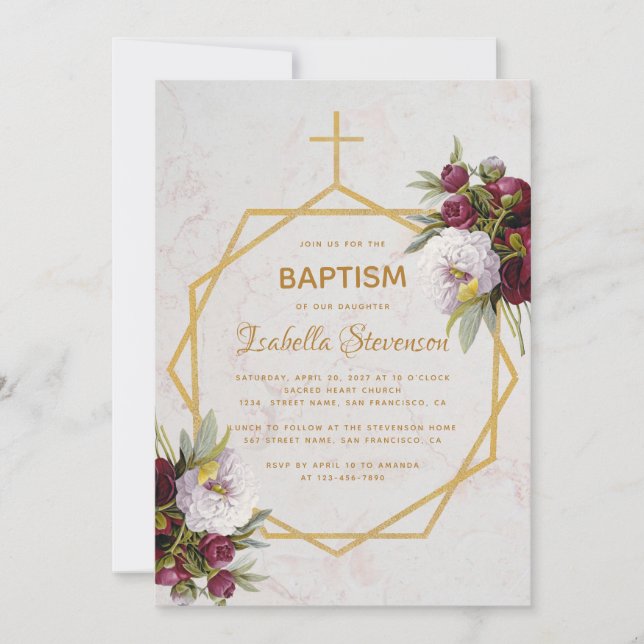 Baptism Marble Gold Peonies Butterfly Geometric Invitation (Front)