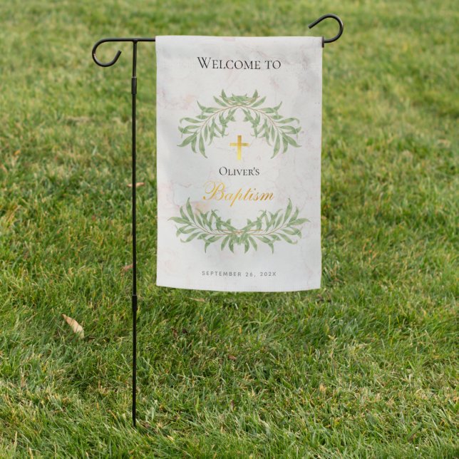Baptism Marble Greenery Faux Gold Script  Welcome Garden Flag (In SItu)