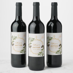 Baptism Marble Olive Branch Botanical Geometric Wi Wine Label