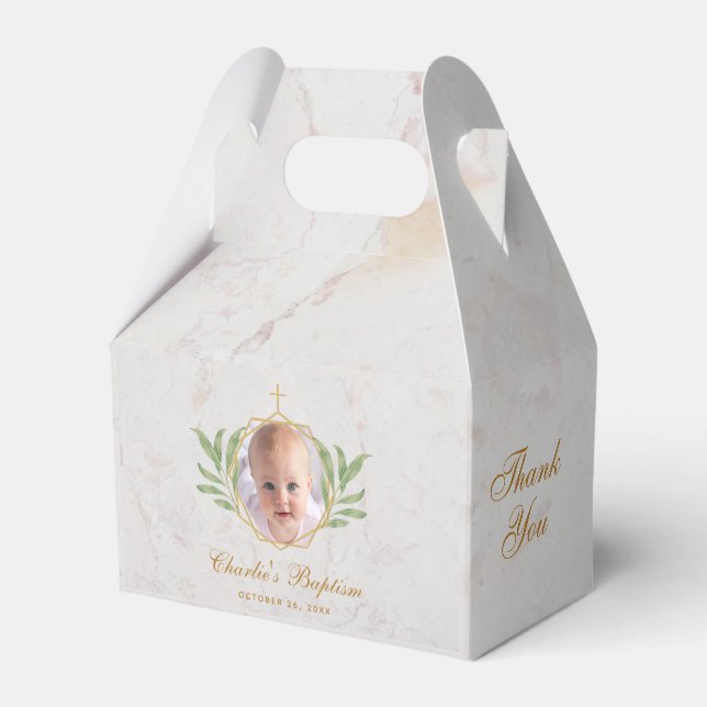 Baptism Marble Photo Leaves Foliage Botanical Favor Boxes (Front Side)