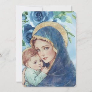 Baptism Mary Jesus Blue Floral Shamrocks Invitation