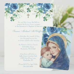 Baptism Mary Jesus Blue Floral Shamrocks Invitation