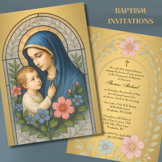 Baptism Mary Jesus Gold Stained Glass Invitation (Creator Uploaded)