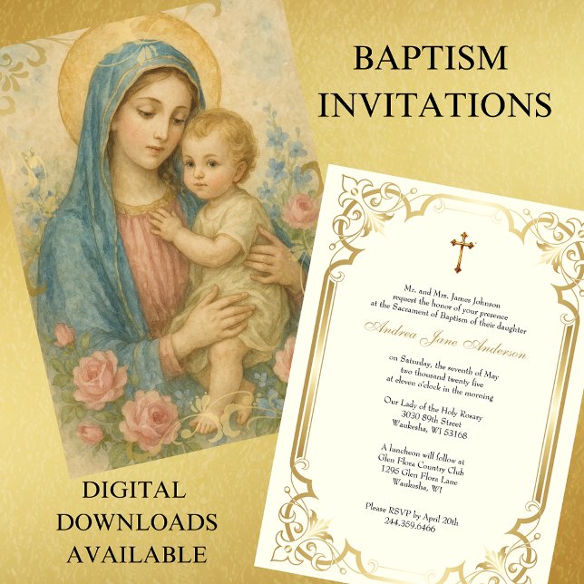 Baptism Mary with Jesus Pink Roses Vintage  Invitation (Creator Uploaded)