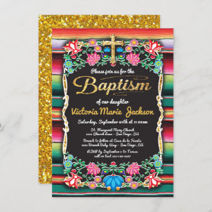 Baptism Mexican Fiesta Party Gold Glitter cross Invitation