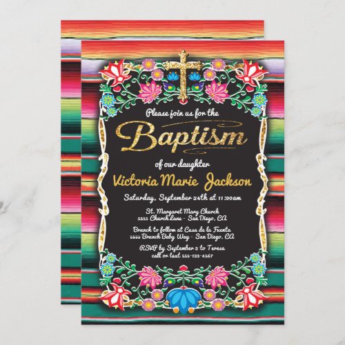 Baptism Mexican Fiesta Party Gold Glitter cross Invitation