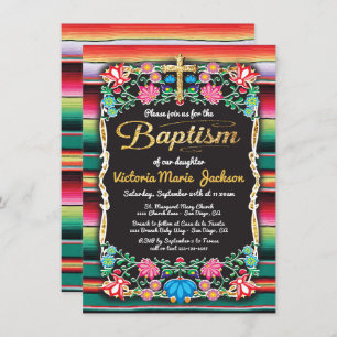 Baptism Mexican Fiesta Party Gold Glitter cross Invitation