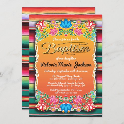 Baptism Mexican Fiesta Party Gold Glitter Invitation