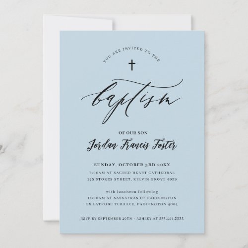 BAPTISM minimal calligraphy elegant pale baby blue Invitation