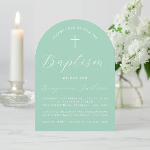 Baptism Mint Arch Modern Handwriting & Cross Green Invitation