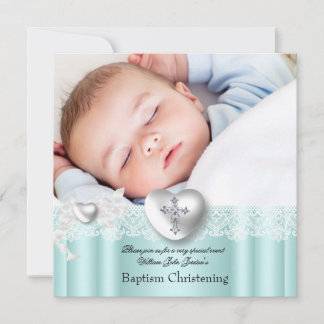 Baptism Mint Blue Lace Photo Heart Cross Boy Girl Invitation