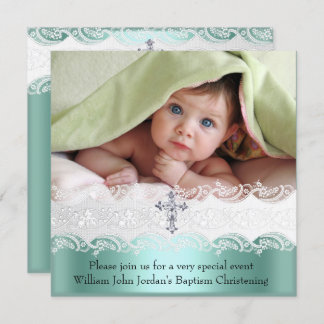 Baptism Mint Green Lace Photo Jewel Cross Boy Invitation