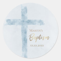 Baptism modern blue watercolor classic round sticker