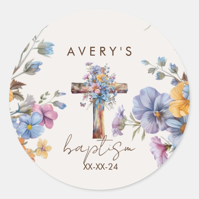 Baptism modern blue watercolor cross elegant classic round sticker (Front)