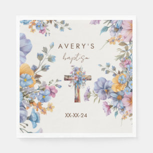Baptism modern blue watercolor cross elegant napkins