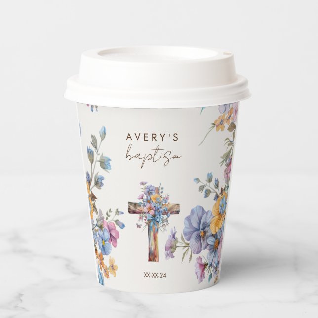 Baptism modern blue watercolor cross elegant paper cups (Front)