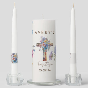 Baptism modern blue watercolor cross elegant unity candle set