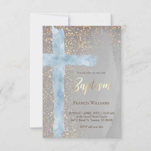 Baptism modern blue watercolor cross invitation