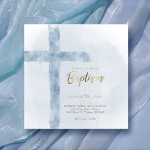 Baptism modern blue watercolor cross invitation