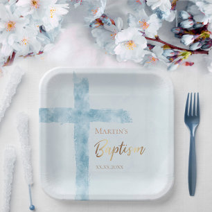 Baptism modern blue watercolor  paper plate