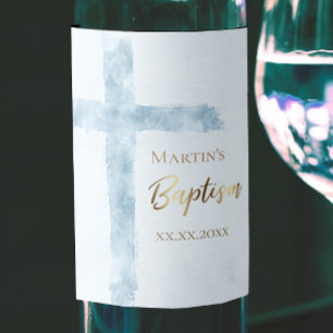 Baptism modern blue watercolor  wine label