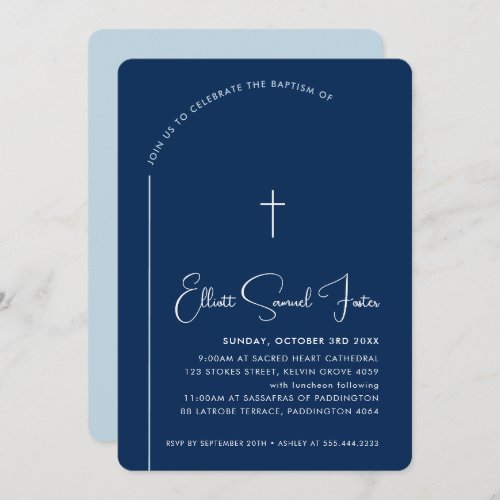 BAPTISM modern cross editable curved navy blue Invitation