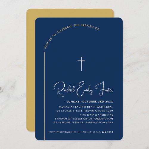 BAPTISM modern cross editable curved navy gold Invitation