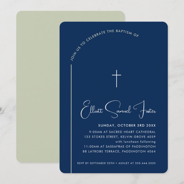BAPTISM modern cross editable curved navy sage Invitation (Front/Back)