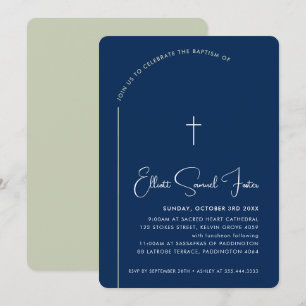 BAPTISM modern cross editable curved navy sage Invitation