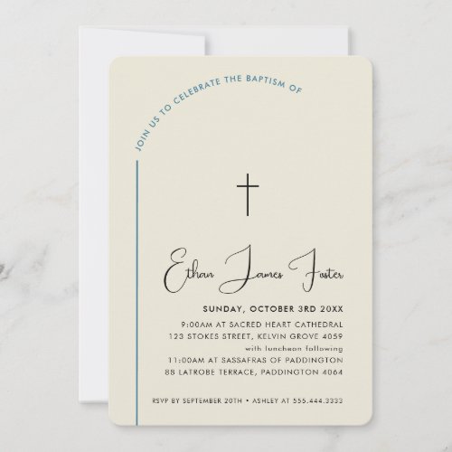BAPTISM modern cross editable curved text blue Invitation