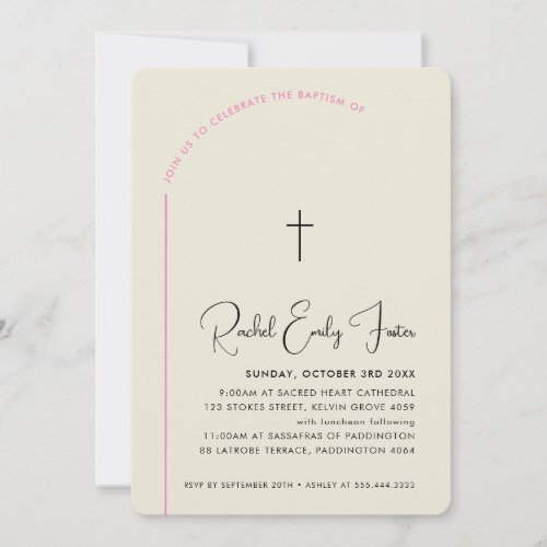 BAPTISM modern cross editable curved text pink Invitation