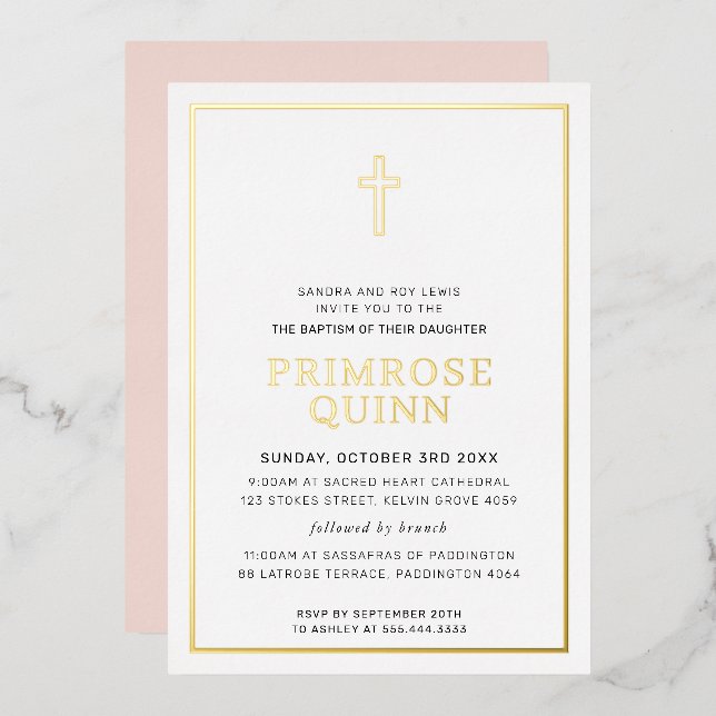 BAPTISM modern elegant cross blush pink gold Foil Invitation (Front/Back)
