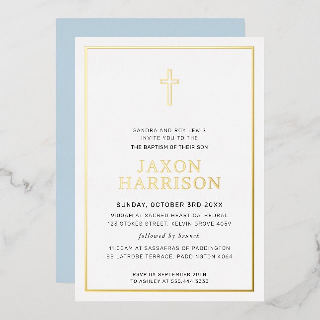 BAPTISM modern elegant cross boy baby blue Foil Invitation (Front/Back)