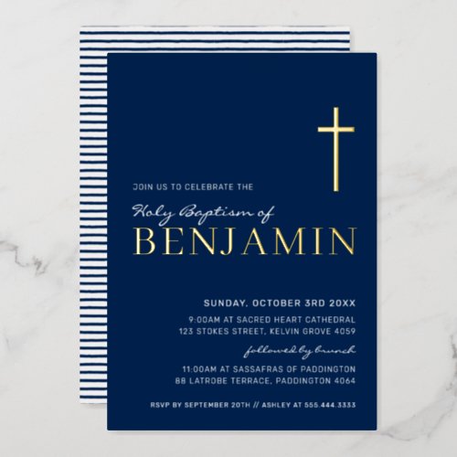 BAPTISM modern elegant cross navy blue gold Foil Invitation