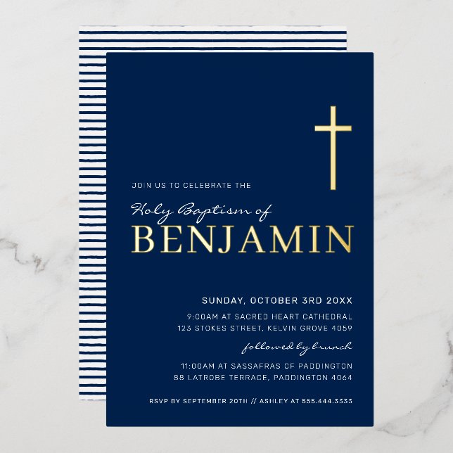 BAPTISM modern elegant cross navy blue gold Foil Invitation (Front/Back)