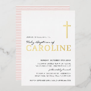 BAPTISM modern elegant cross pretty girl gold pink Foil Invitation
