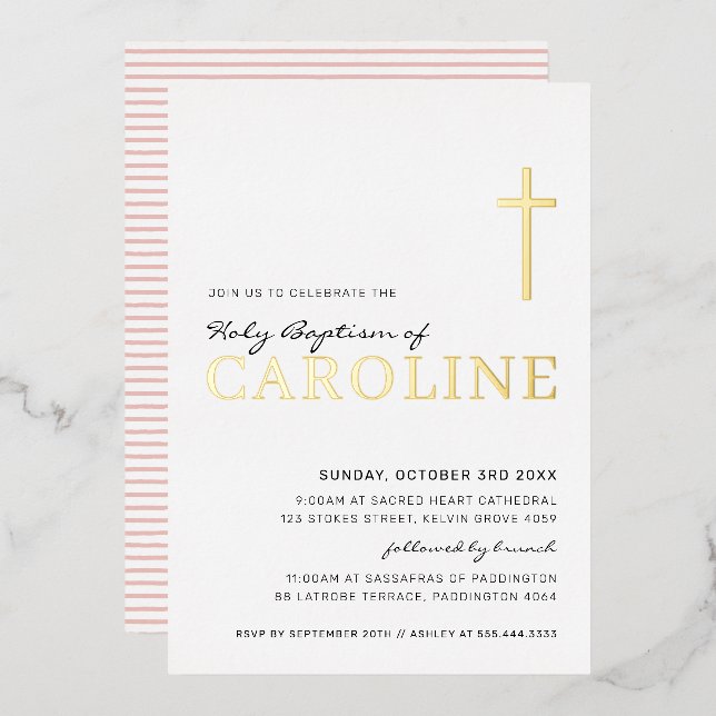 BAPTISM modern elegant cross pretty girl gold pink Foil Invitation (Front/Back)