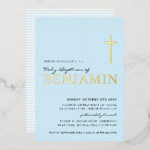 BAPTISM modern elegant cross stylish boy baby blue Foil Invitation