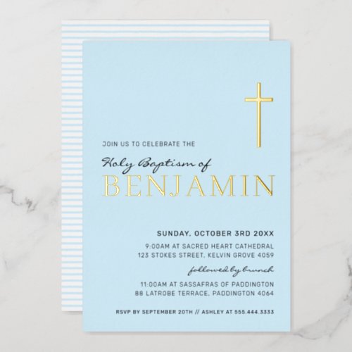 BAPTISM modern elegant cross stylish boy baby blue Foil Invitation