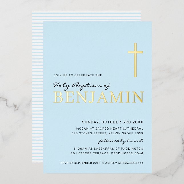 BAPTISM modern elegant cross stylish boy baby blue Foil Invitation (Front/Back)