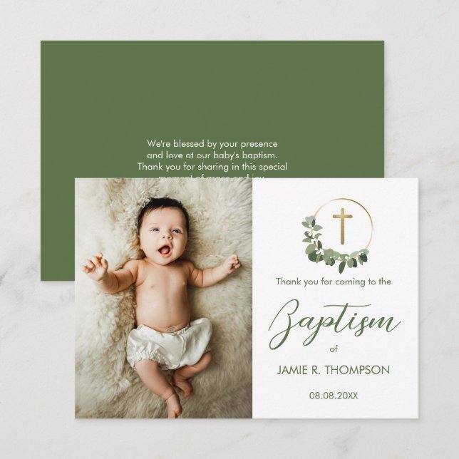 Baptism Modern Green Wreath cross Custom photo Thank You Card (Front/Back)