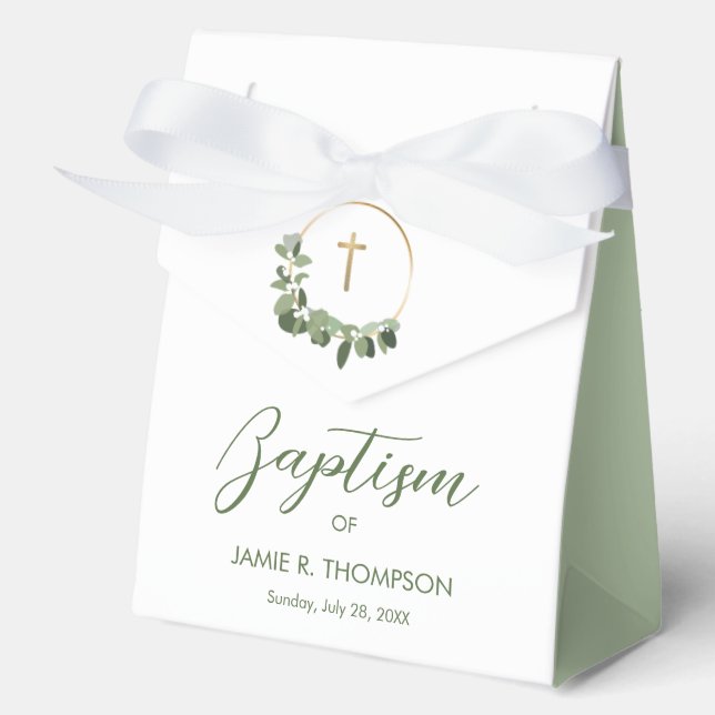 Baptism Modern Green Wreath gold cross Custom Favor Boxes (Front)