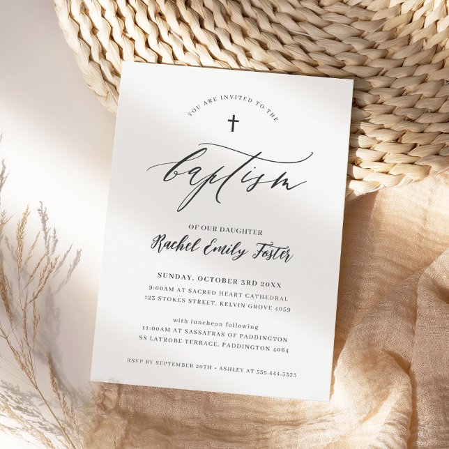 BAPTISM modern minimal calligraphy elegant black Invitation (Creator Uploaded)