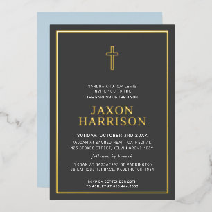 BAPTISM modern minimal cross border boy baby blue Foil Invitation