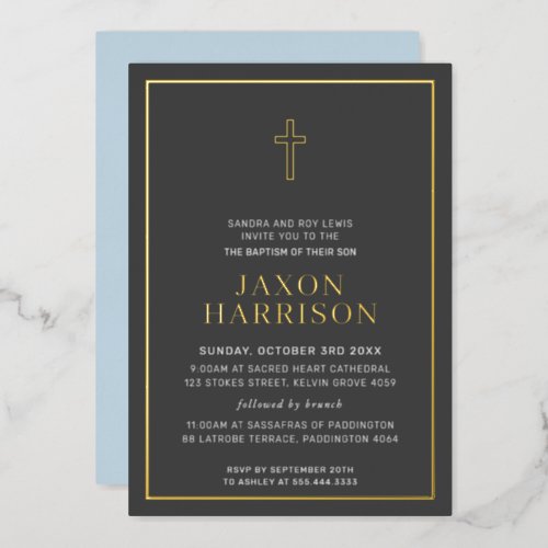 BAPTISM modern minimal cross border boy baby blue Foil Invitation