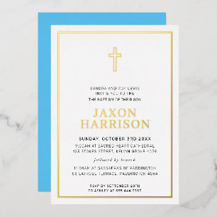 BAPTISM modern minimal cross border boy blue Foil Invitation