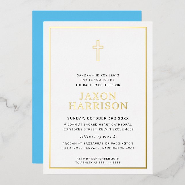 BAPTISM modern minimal cross border boy blue Foil Invitation (Front/Back)